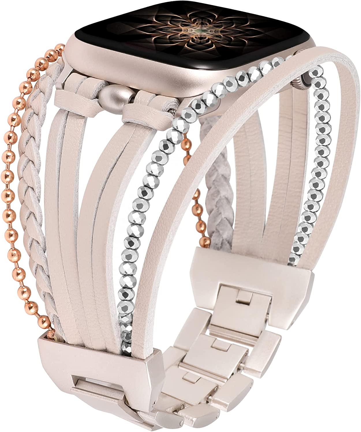Wearlizer Posh Leather Bands Compatible With Apple Watch Band 41mm 40mm 38mm Women, Boho Handmade Braided Beads Bracelets Multilayer Wrap Jewelry Strap For iwatch Series Ultra 8 7 6 5 4 3 2 1 Se - Image 1